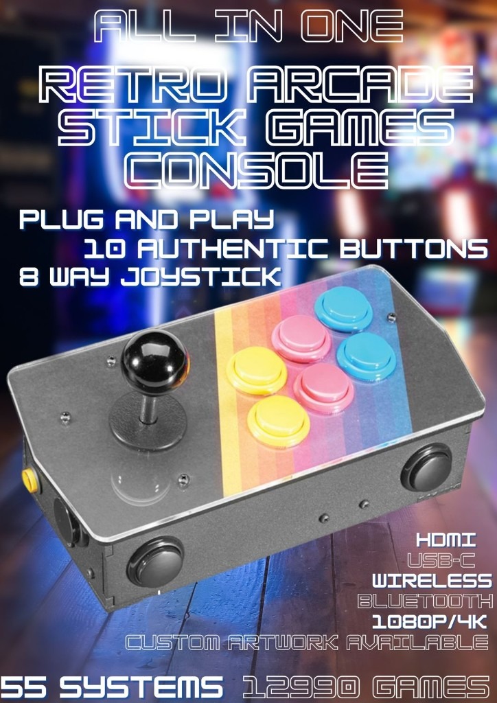 Custom RETRO ARCADE STICK VIDEO GAMES CONSOLE (Plug and Play, 12990 Games, HDMI, 1080P)