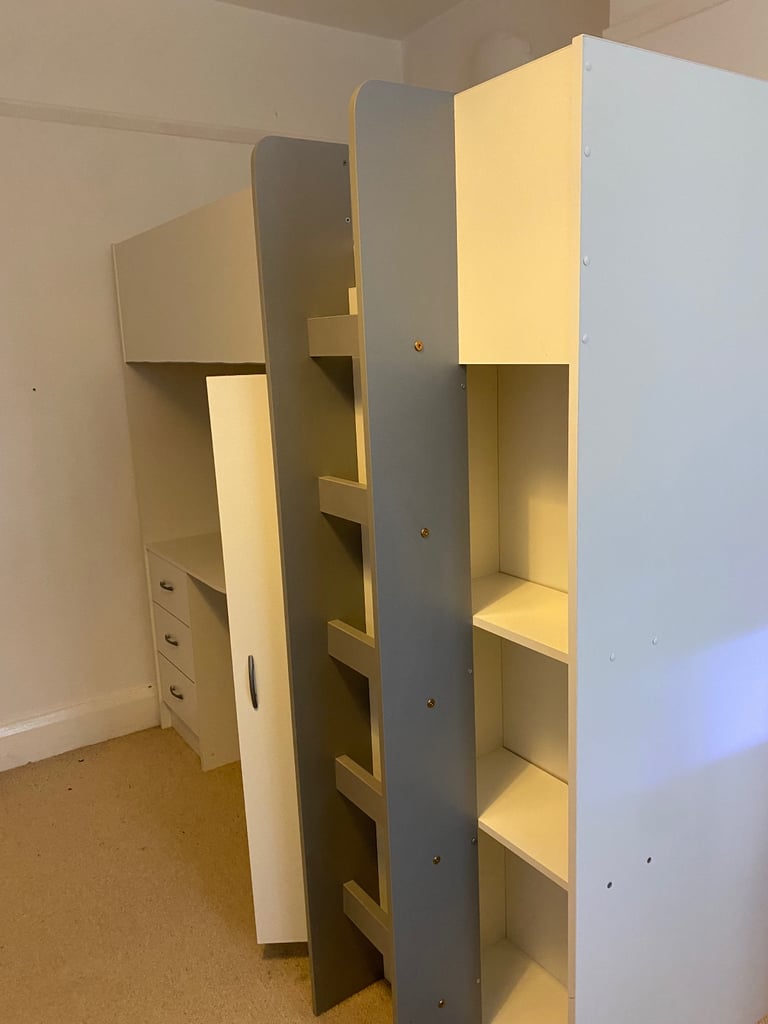 Calder high sleeper bed with desk, wardrobe and bookshelves 