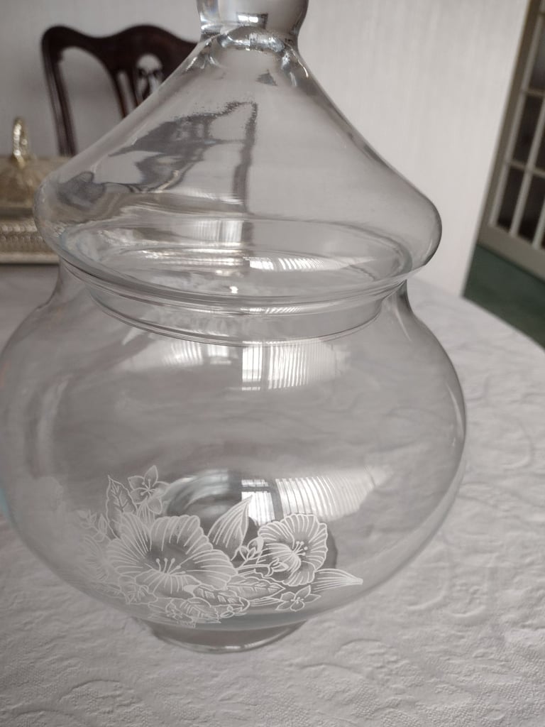 image for Footed Glass Candy Dish with Lid Etched Floral Design Clear Glass