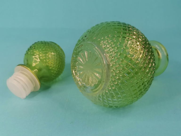 Vintage Green Glass Genie Bottle, Decanter – Ball Stopper. (bit chip,you can see photo. As seen.