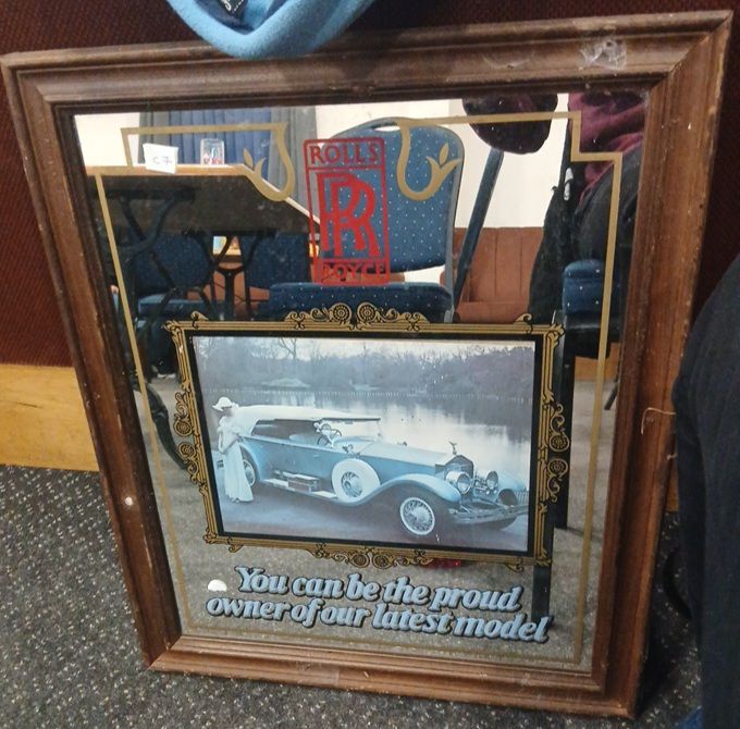 LARGE ROLLS ROYCE MIRROR VINTAGE ADVERTISING PUB BAR MAN CAVE 19.5 X 23”