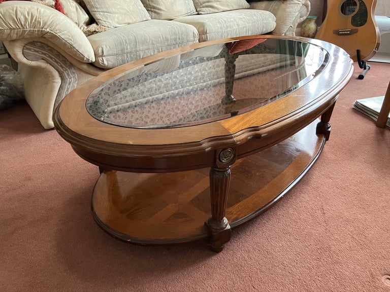 image for OVAL WALNUT COFFEE TABLE WITH GLASS TOP