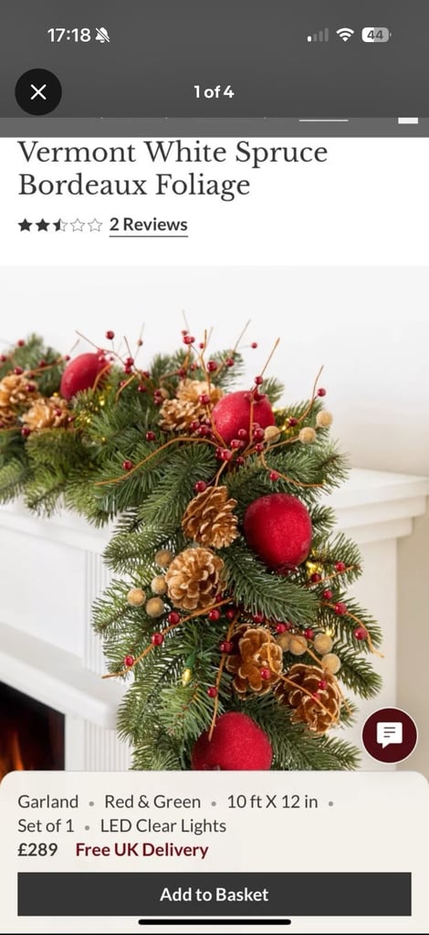 Balsam Hill Vermont White Spruce Bordeaux 10ft Pre Lit Garland 