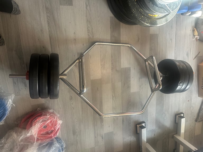 Hex bar 5ft with 50kg weights and mirafit collars 