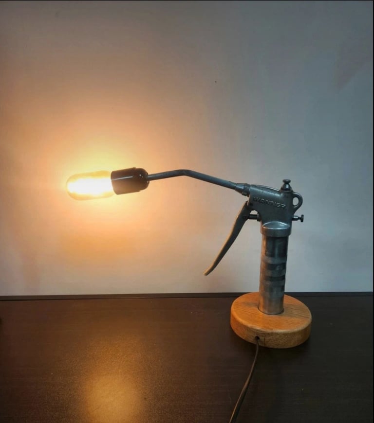 image for Handmade Wanner Grease Gun Lamp On Oak Base
