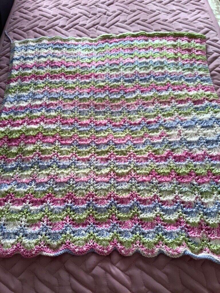 New Hand Knitted Wool Baby Blanket Pram Cover, Multi coloured