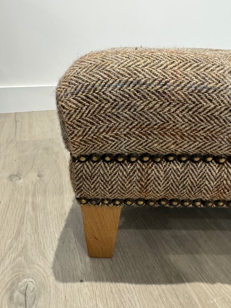 Harris Tweed Fabric Herringbone Buttoned Chesterfield Chair Low Footstool