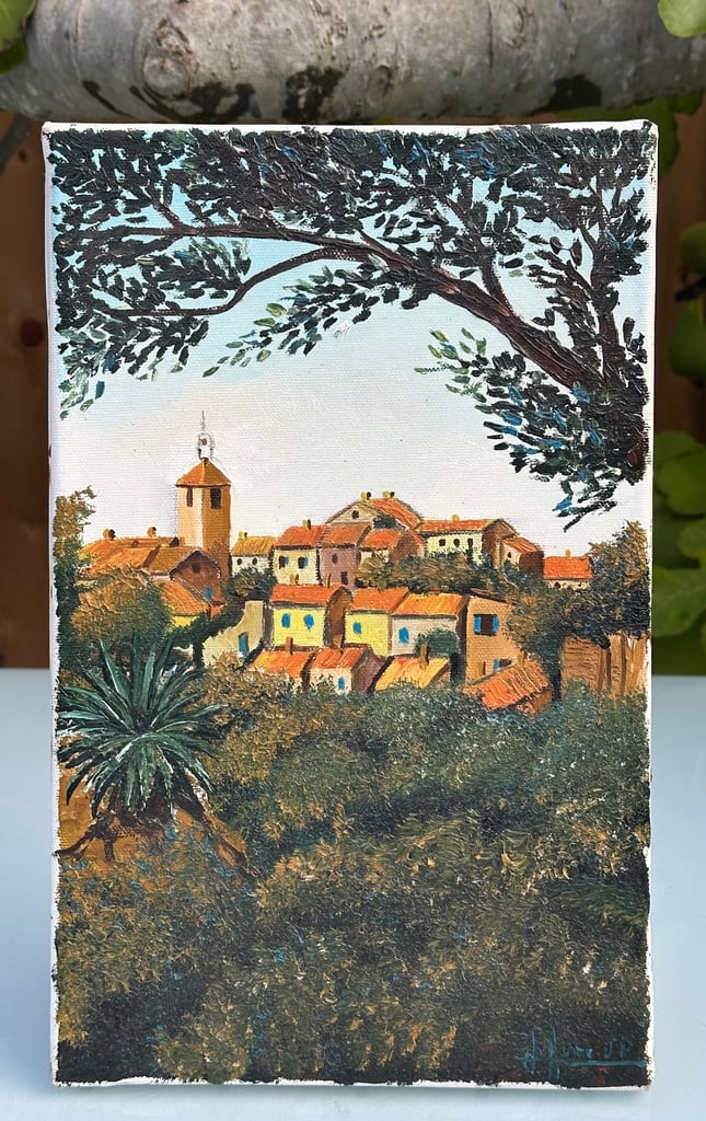VINTAGE FRENCH OIL PAINTING, OIL ON CANVAS VILLAGE IN PROVENCE, SIGNED - 35x22cm - WILL POST!
