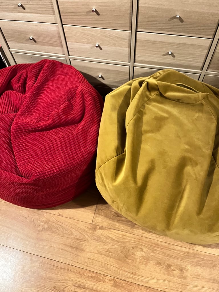 2X Dunelm Bean Bags Chairs Gaming Seats Pouffe Floor Cushions Loungers Sofa Velvet Cord Red Yellow