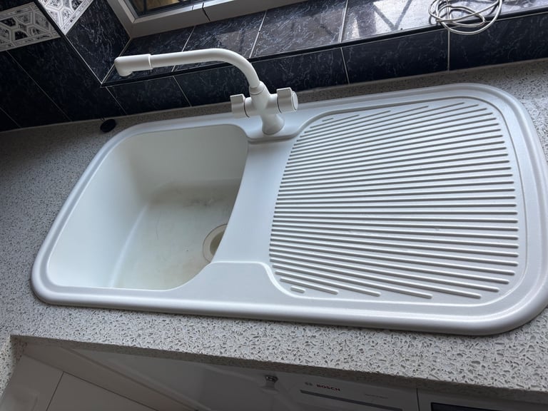 image for White kitchen sink with white mixer tap