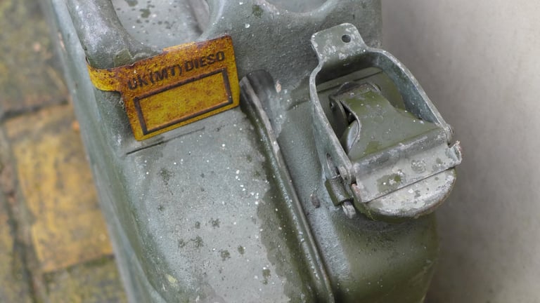 TWO LARGE VINTAGE HEAVY DUTY METAL JERRY CANS. FUEL STORAGE. FUEL CARRYING CANS. 20 Litres.