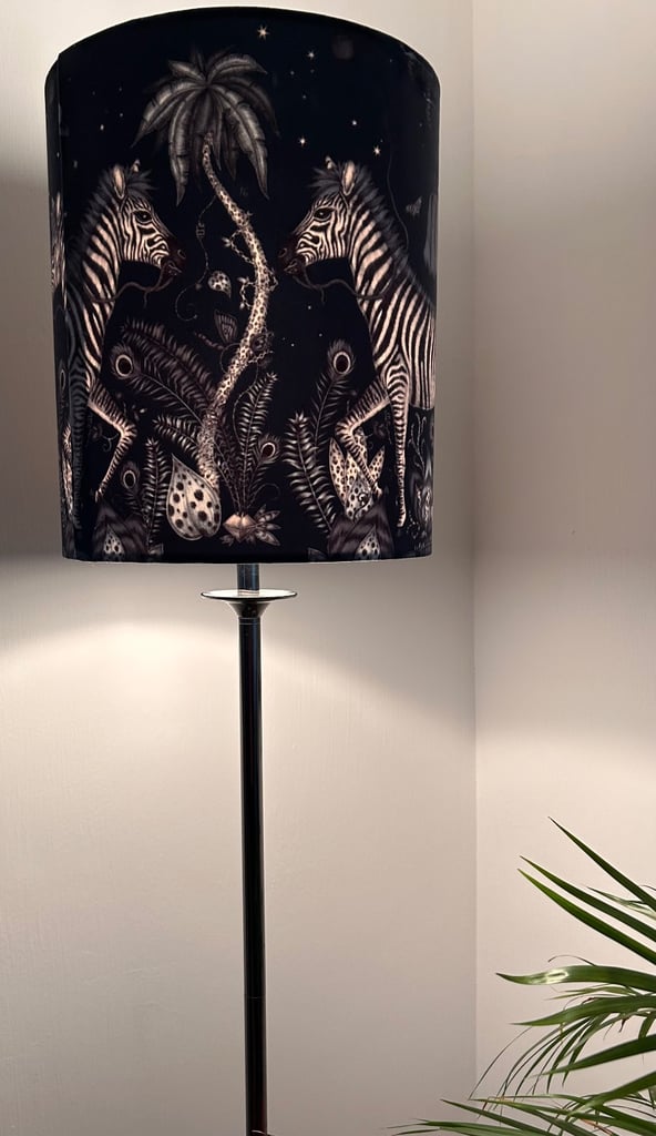 Tall floor / standard lamp with BN Emma Shipley  Zebra Lost World shade in velvet 🦓