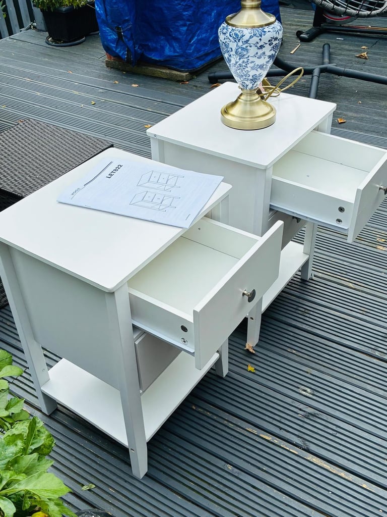 image for BOXED VASAGLE BAMBOO BEDSIDE TABLE, SIDE TABLE WITH 2 STORAGE DRAWERS AND OPEN SHELF CLOUD WHITE £45