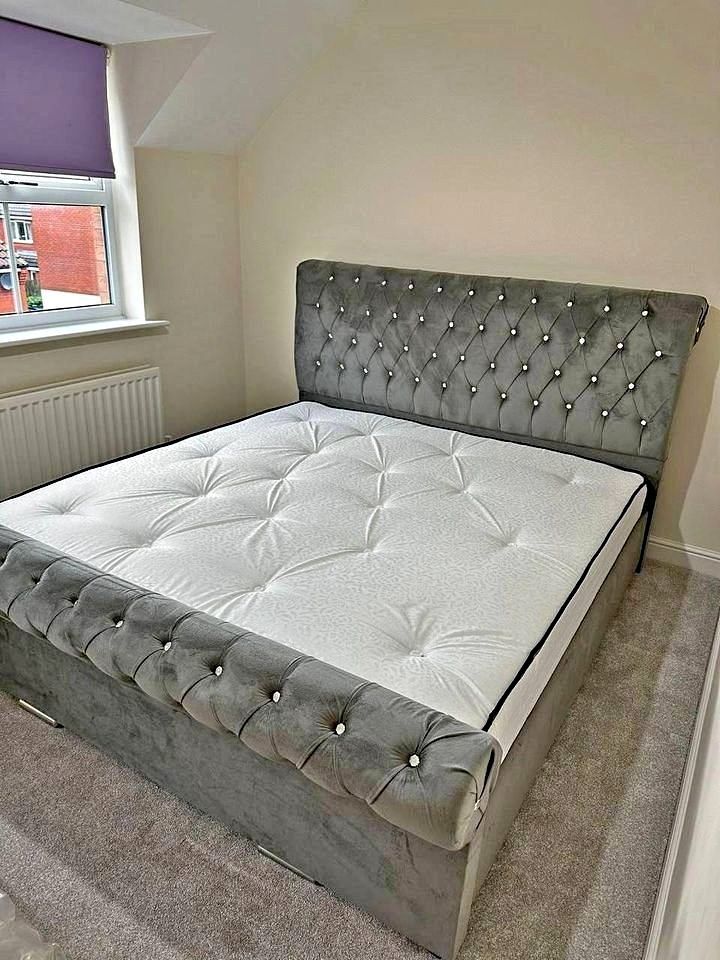 image for ]] Italian Design Grey - King Size Plush Velvet Frame Sleigh Bed - Optional Mattress - Must Go ]]