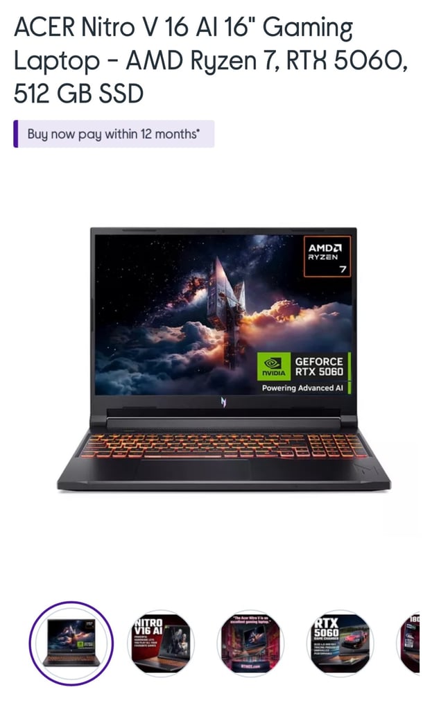image for ACER Nitro V 16 AI 16" Gaming Laptop - AMD Ryzen 7, RTX 5060, 512 GB SSD