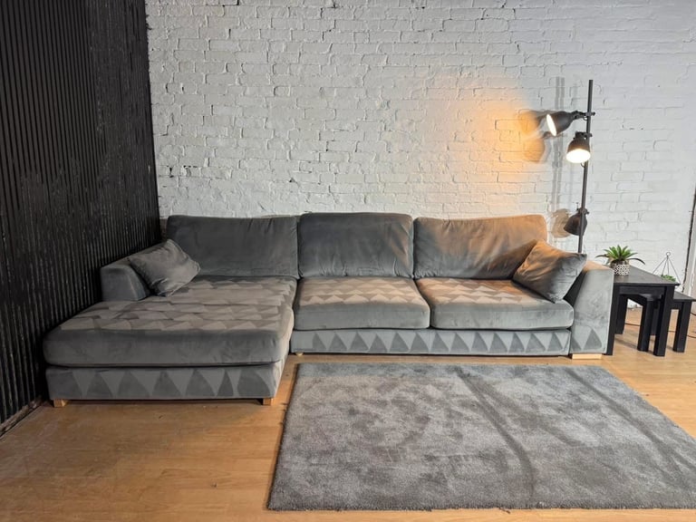 DFS – Large Grey Velvet Plush Corner Sofa + Matching Footstool