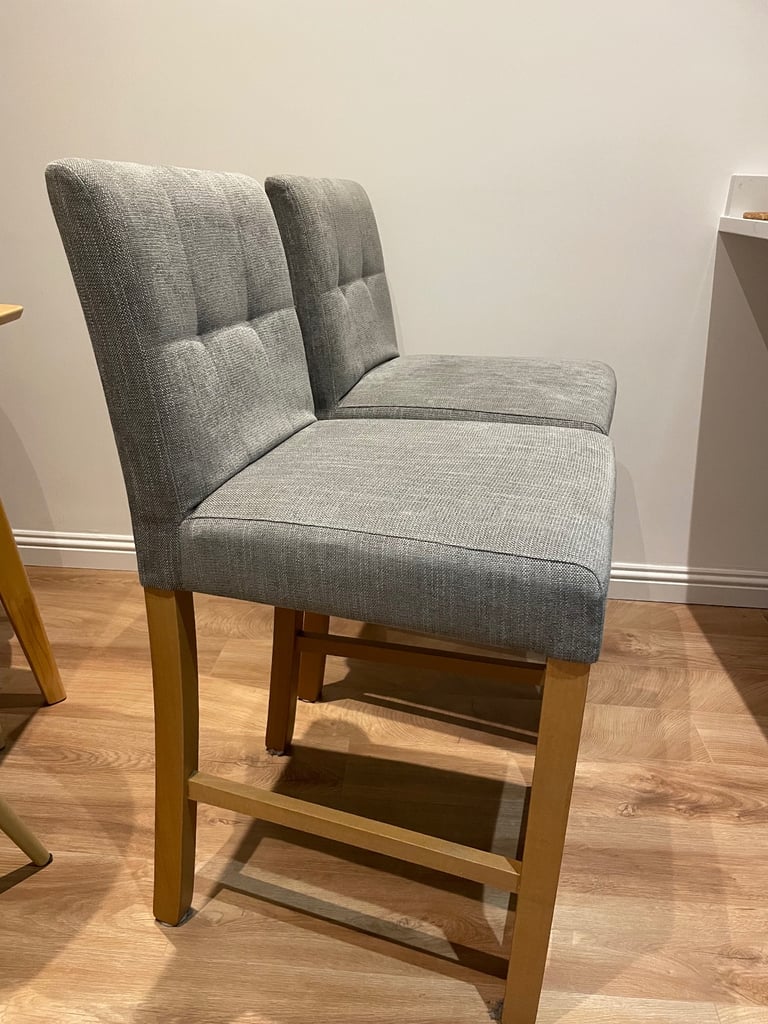 Two wooden & grey bar stools