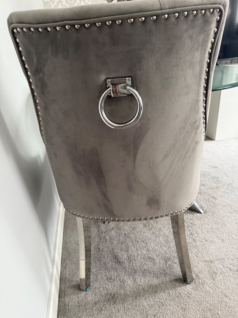 Glass Table & 2 Grey Velvet Knocker Chairs 