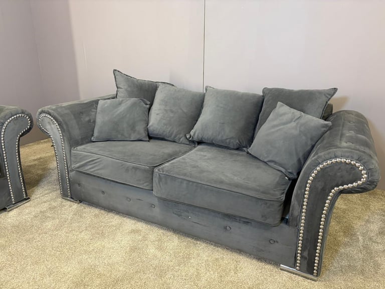 Grey French velvet 3 seater and 2 seater sofa DELIVERY AVAILABLE!