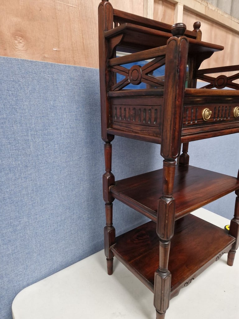 Contemporary hardwood what-not with mirror and drawer