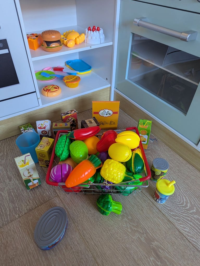 image for Kids wooden play kitchen with food and utensils 