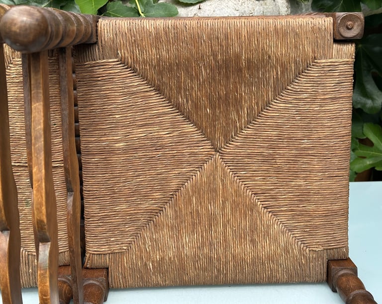 VINTAGE FRENCH BOBBIN LEG CHAIRS, CORNER CHAIRS, RUSH SEAT, H74cm - 1900s ARTS & CRAFTS - WILL POST!