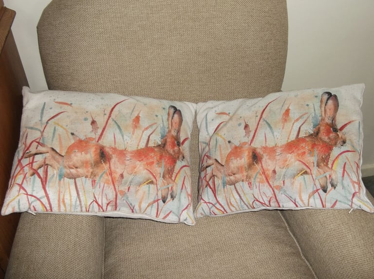 image for 2 Running Hares Design Cushions. 