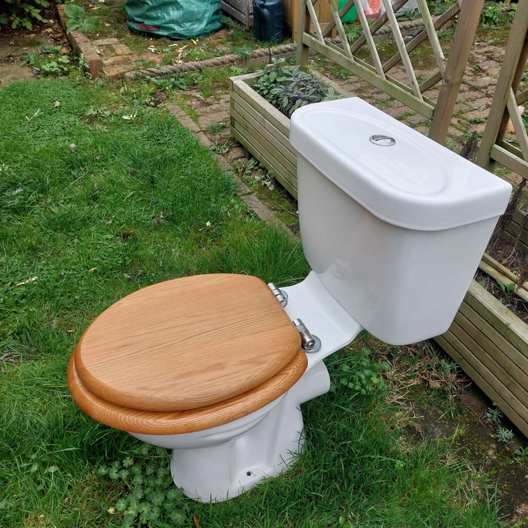 Toilet with wooden lid