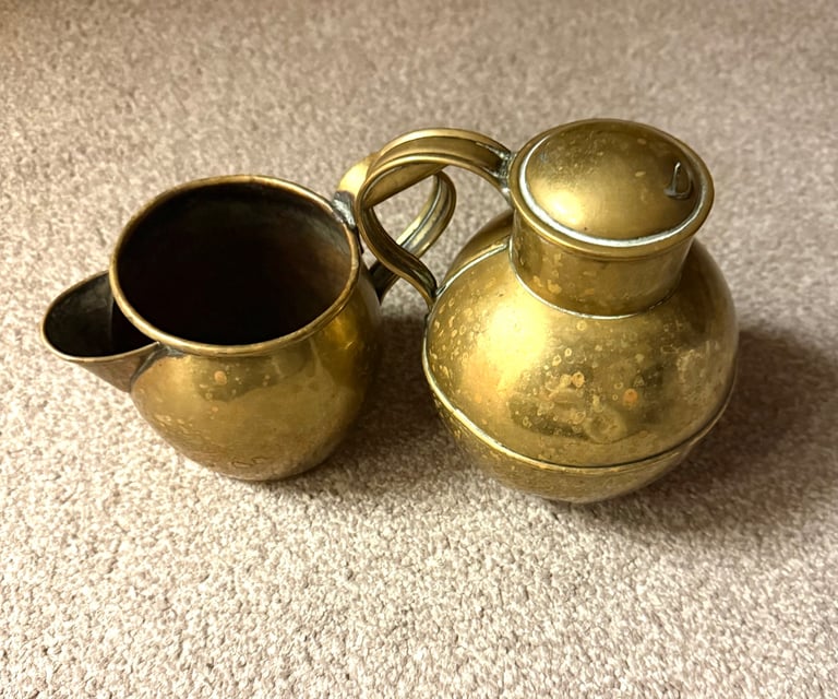 Vintage Brass Guernsey Jersey Jugs Pitcher Dented Antiques