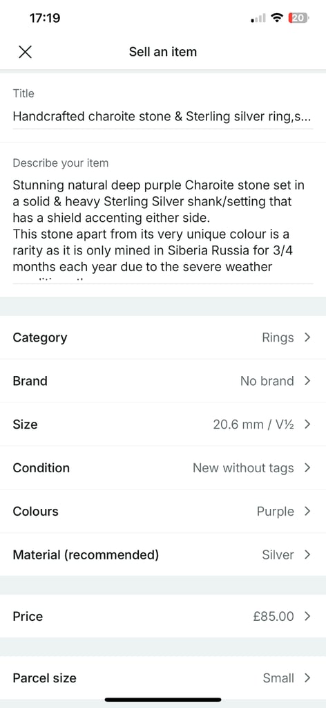 Handcrafted Charoite Stone & Sterling Silver Ring,W,11.25(US),NEW