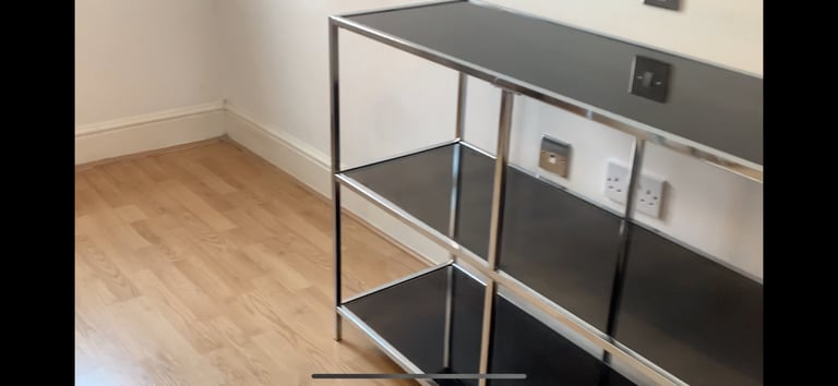 image for MID CENTURY BLACK GLASS AND CHROME SHELVING 
