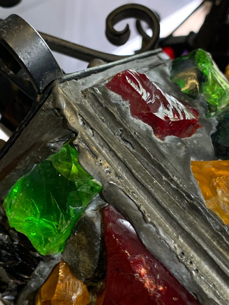 SOLD Pair of Vintage Mid Century Peter Marsh Leaded Rock Glass & Wrought Iron Lantern Lamps 50s 70s