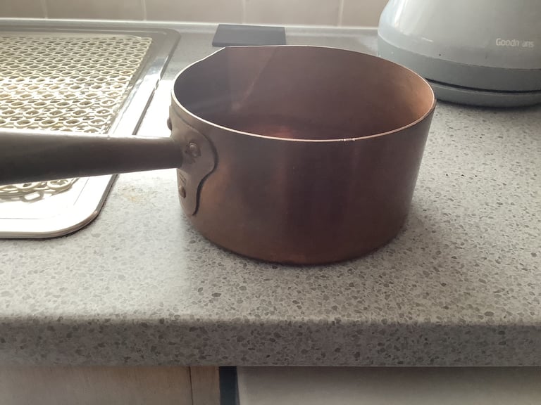 image for French sparrow beaked copper  sugar pan for sugar / syrups etc