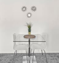 Stylish Modern Glass dining table 80cm, with 2 white and chrome chairs