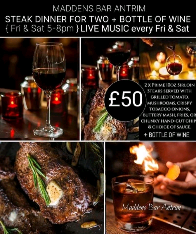 Steak Dinner for 2 plus Free bottle of wine and entertainment for £50