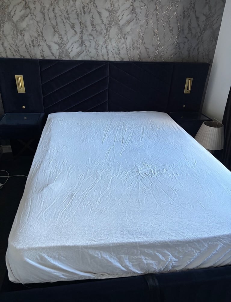 Navy Blue Double Ottoman Bed 