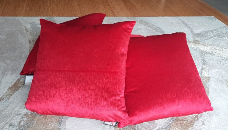 4 New Red Cushions from Dunelm Mill, 43x43cm, 17x17", Velour, Slight Shimmer, RRP £8+£5 each
