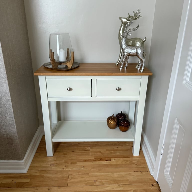 image for Solid oak wood console table ivory two drawer 