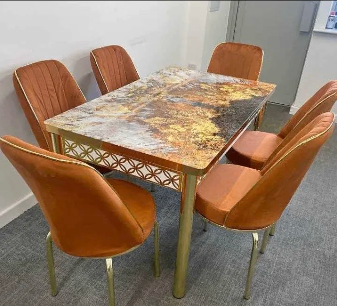Luxury Marble Dining Table Set with 6 Velvet Chairs – Gold Legs, Modern Design