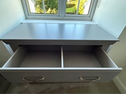 Lusso painted oak urban grey bedroom furniture, dressing table/desk, stool & chest of drawers.