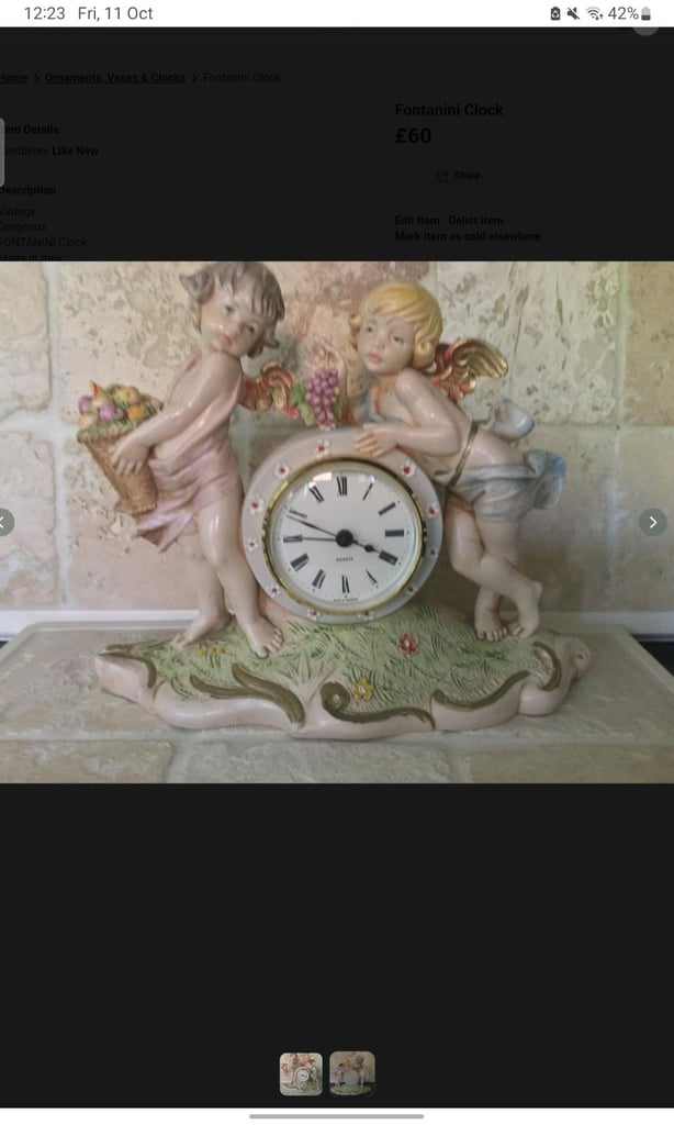 image for Fontanini  Italy Cherub /Mantle Battery Clock/Angel