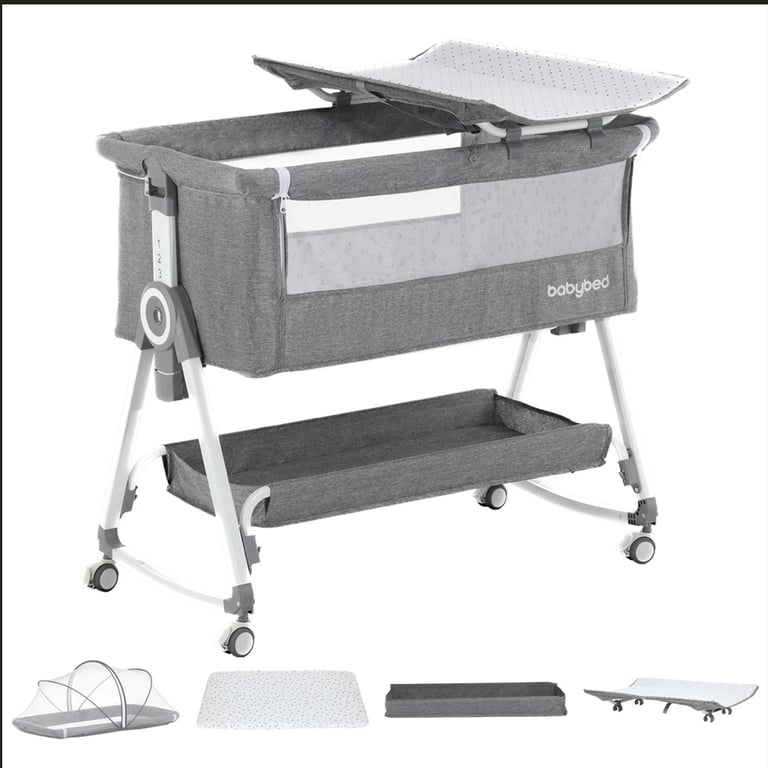 image for Bedside Crib with Mosquito Net, Storage Basket & Wheels with Adjustable Height