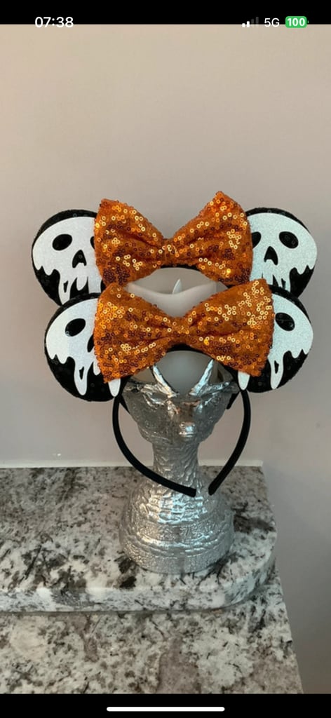 image for Two Pairs Disney Halloween 🎃 Sequin Skull Ears with Orange Bow