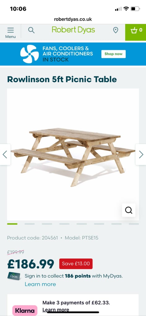 image for Rowlinson 5ft wooden garden picnic bench