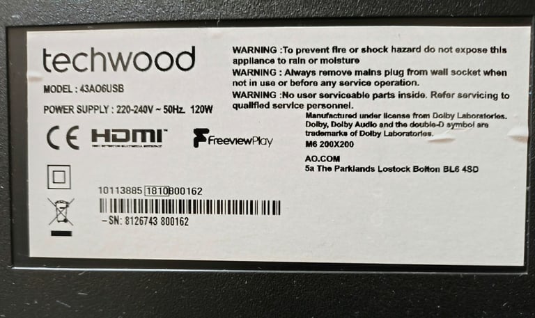 Techwood 43AO6USB 43 inch 4K Smart WiFi LED TV, in very good condition
