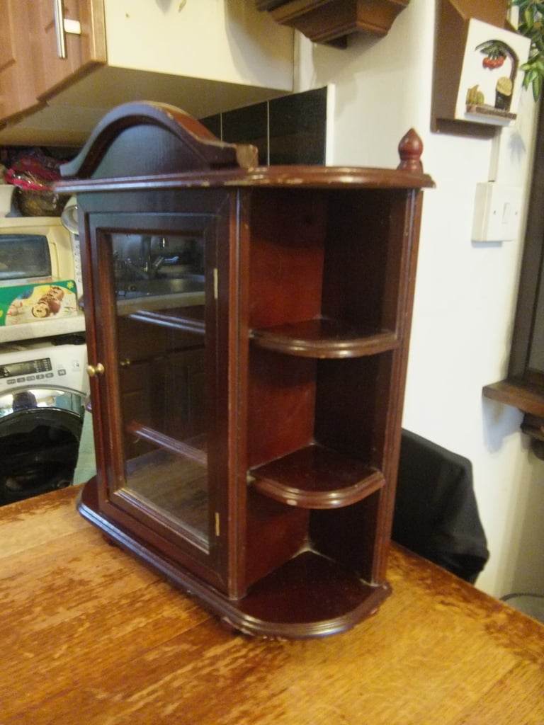 Vintage Wooden Display Cabinet Hanging or Tabletop with Glass Door 52x46cm