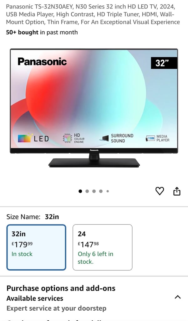 2024 Panasonic TS-32N30AEY, N30 Series 32 inch HD LED TV USB Media Player 