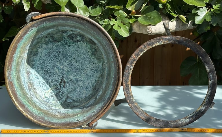 LARGE ANTIQUE FRENCH COPPER CAULDRON & STAND, LOG BUCKET, PLANTER, L58cm - 1900s - WILL POST!