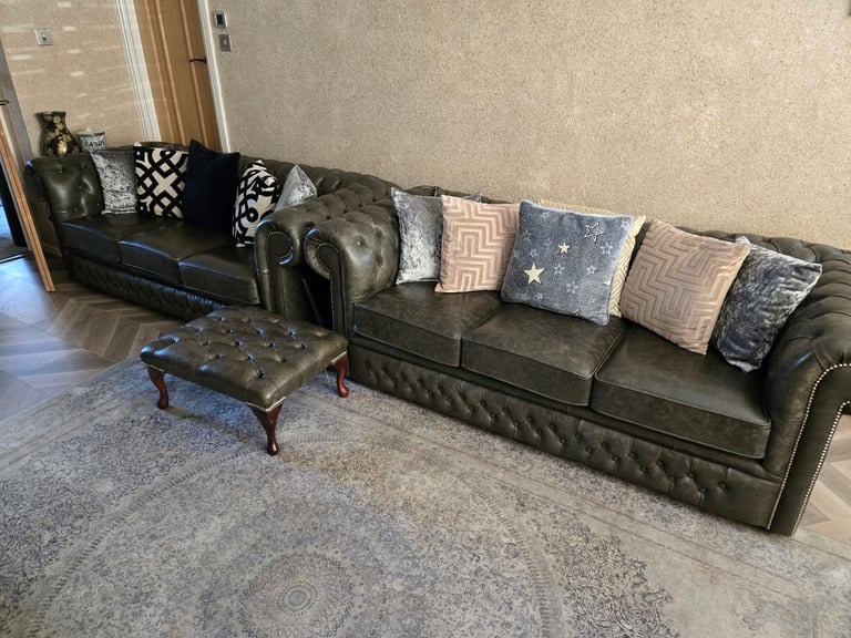 image for Chesterfields Real Grey Leather .. 2 x 3 Seater & Footstool