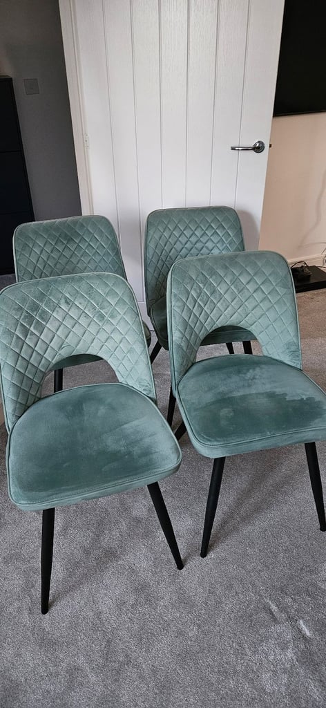 image for 4 green velvet dining chairs 